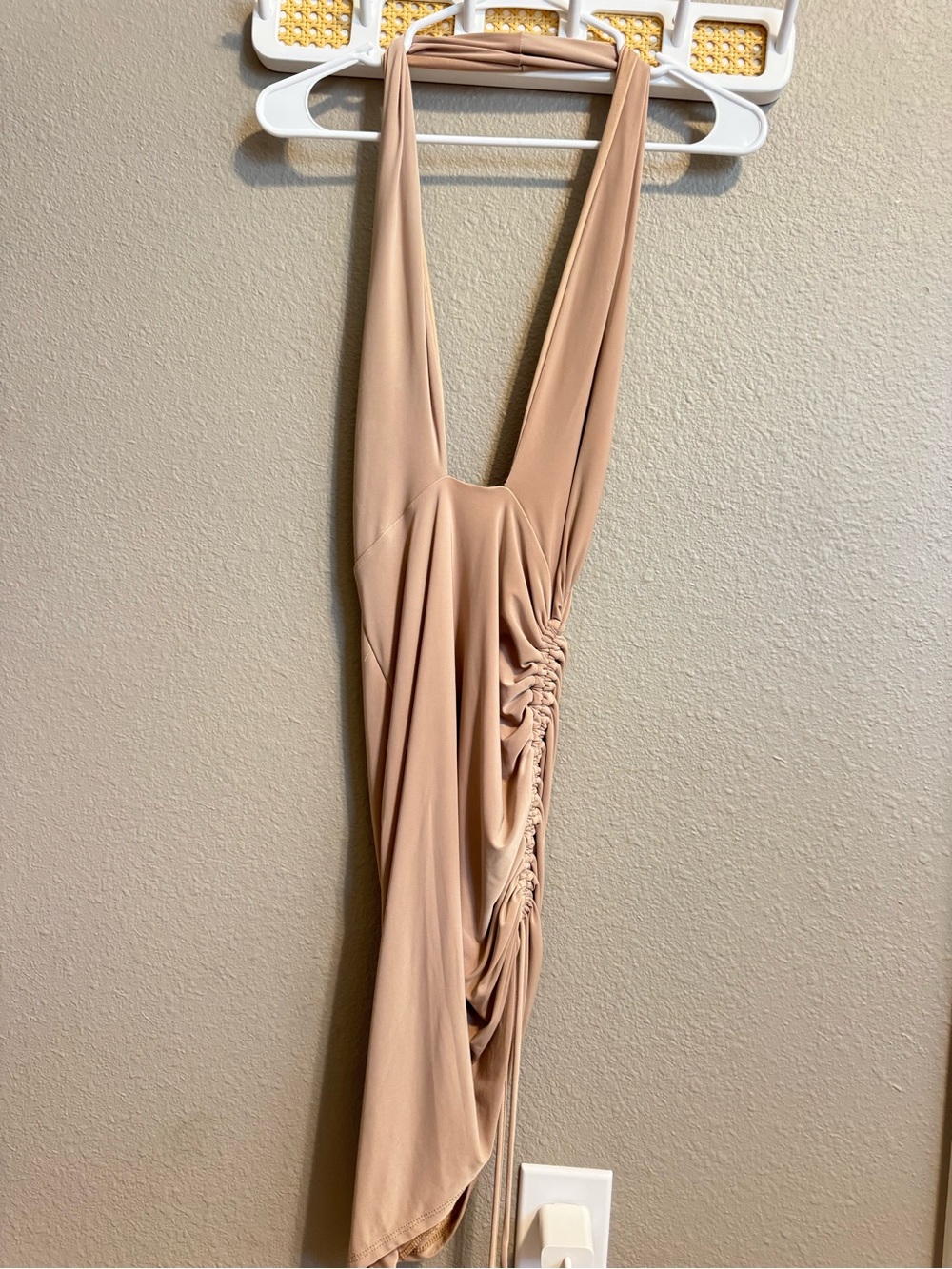 Ruched Halter Mini Dress in Nude